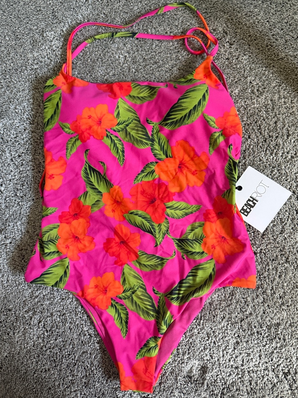 Beach Riot Hot Pink Floral One-Piece Swimsuit with Orange Blooms